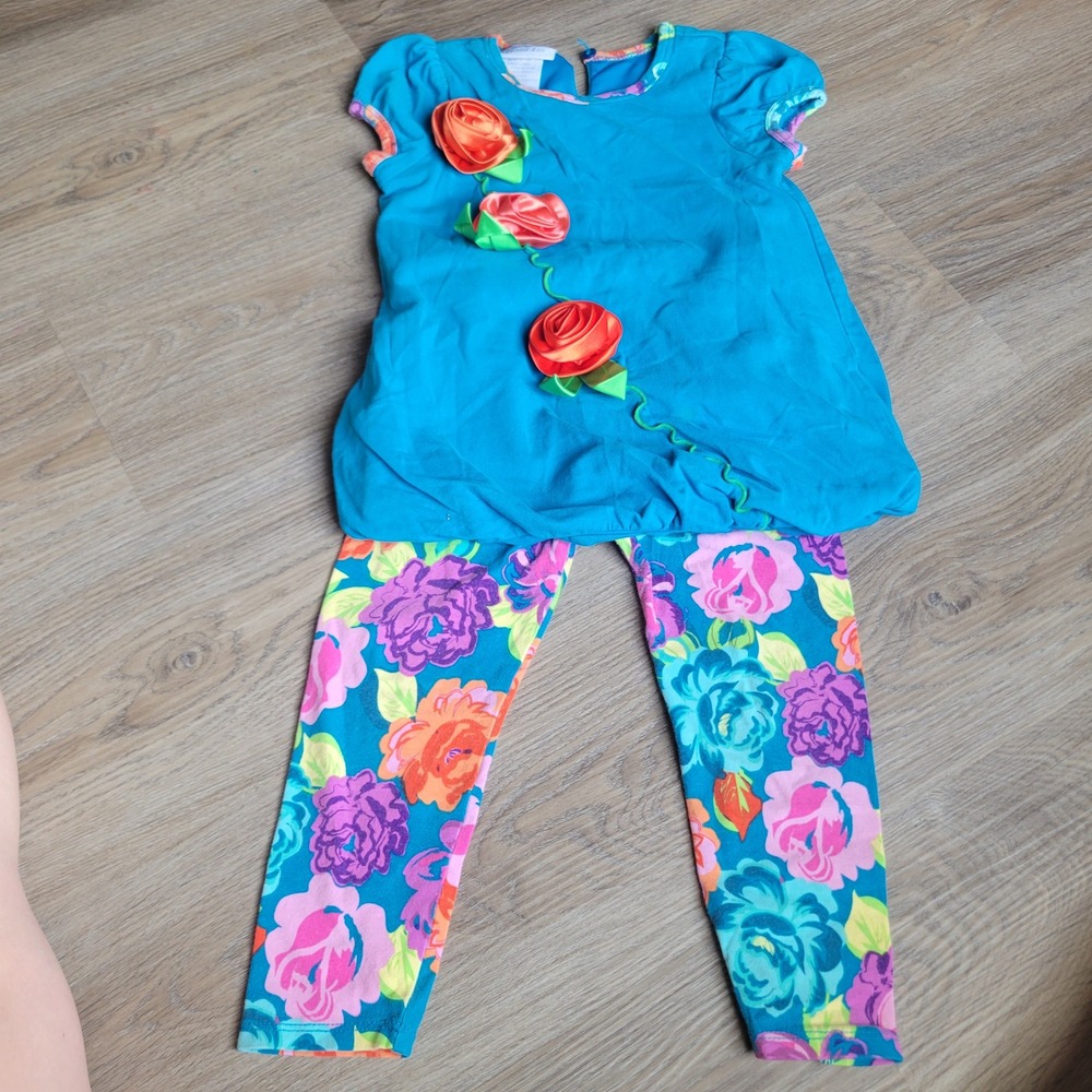Bonnie Jean Girls Tunic Legging Set 3T Teal Floral Rosette Boutique Playwear